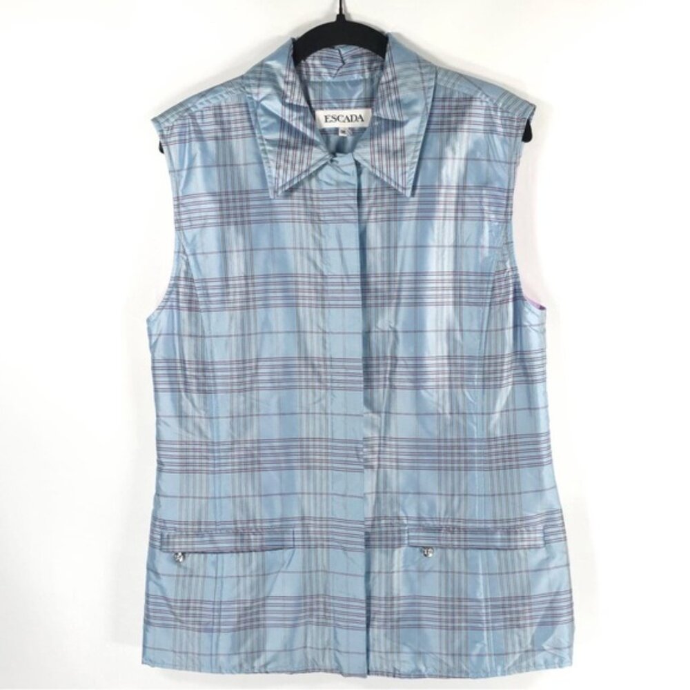ESCADA 100% SILK Pink Blue Tartan Plaid Full Zip Puffer Vest Jacket Top Size 38‎